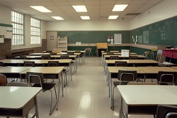 Empty elementary school classroom with large window, gray carpet, light green walls. Desks, chairs in rows, facing chalkboard. Natural light floods the room through window.