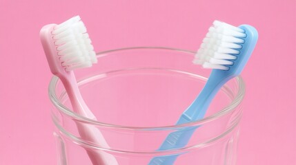 A pink and blue toothbrush stand upright in a transparent jar, set against a vibrant pink background, showcasing dental care tools for personal hygiene