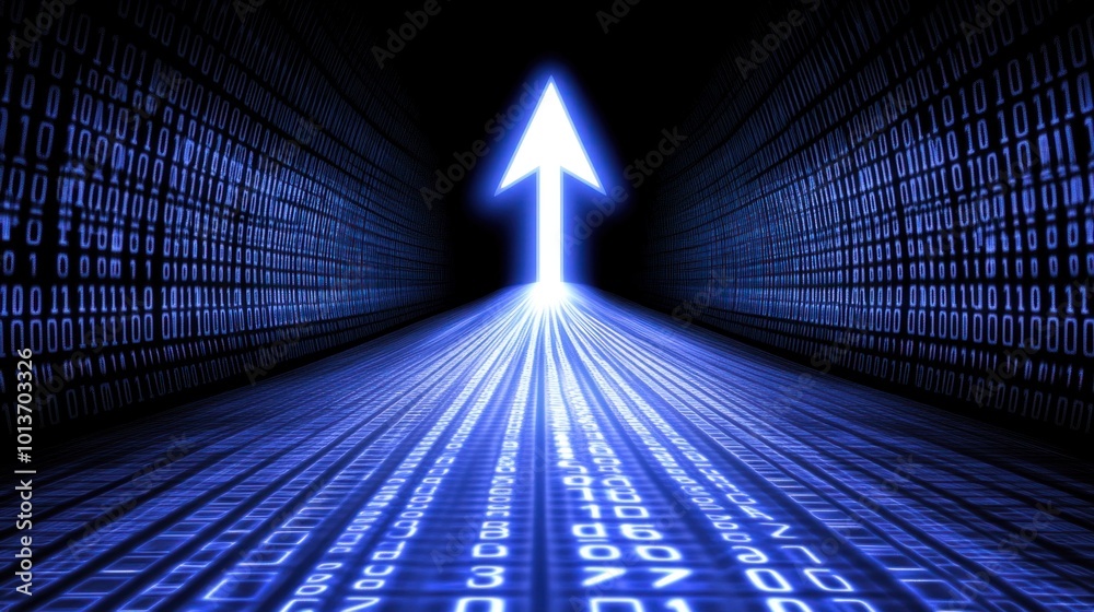 Leinwandbilder A vast digital environment filled with flowing binary code creates a sense of depth, leading towards a bright upward arrow, symbolizing progress and advancement in technology