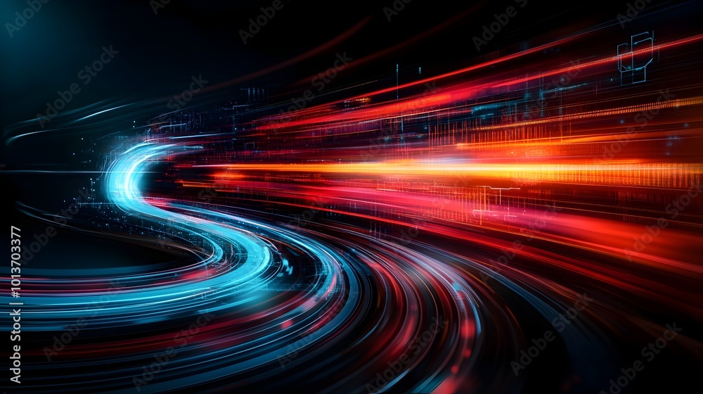 Poster avant garde abstract digital design capturing the energy and fluidity of a smart transit network fea