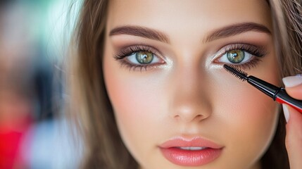 A woman focuses on applying mascara to her eyelashes, enhancing her look with natural makeup in a well-lit beauty studio. Her radiant features are clearly highlighted