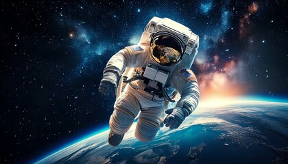"Astronaut floating in deep space, looking at Earth with a galaxy in the background"
