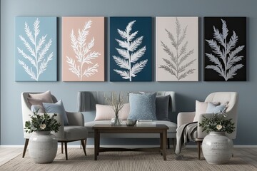 Tranquil Botanical Profiles on Canvas: Charming Decorative Art in Frosty Blue, Blush, Silver, and Onyx Tones for a Serene Interior Ambience