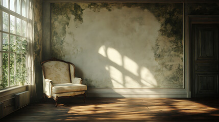 A vintage armchair sits in a sun-drenched room with a window and a door, casting long shadows on the worn wooden floor.