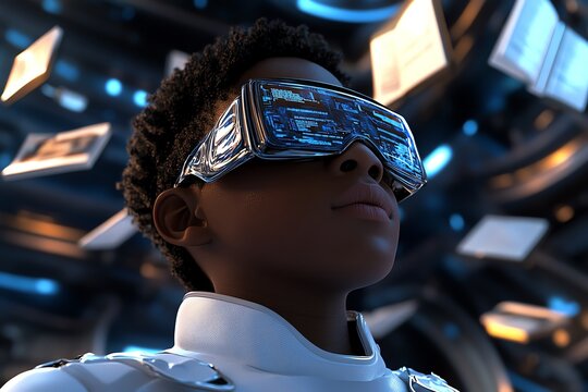 3D depiction of a student preparing for tomorrowâ€™s class, with virtual books and study materials floating in a futuristic environment