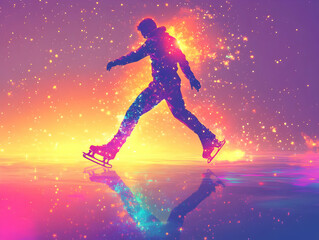 Naklejka premium Vibrant Flat Abstract Ice Skater Gliding on Digital Lake - Neon Reflections & Radiant Winter Theme Illustration for Business Banners
