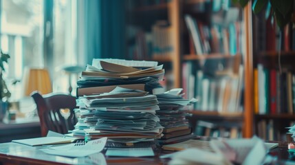 Business office table or desk full of pile or stack of many papers