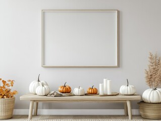Wooden bench adorned with white and orange pumpkins, candles, and autumnal foliage, creating a cozy seasonal ambiance.