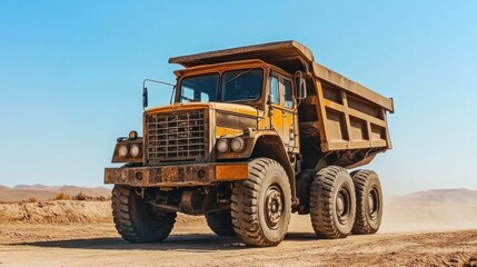 Obraz premium A large dump truck drives through a dry, dusty construction site, kicking up dirt as it moves along a rugged path under a bright blue sky, showcasing its sturdy design and powerful wheels