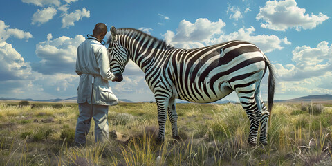 Obraz premium Zebra's black-and-white stripes: A veterinarian examining the distinctive pattern of this wild horse at the zoo.