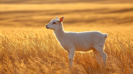 Naklejka premium A young white lamb stands proudly in a golden field at sunset, highlighting the calmness of the rural landscape and the innocence of nature