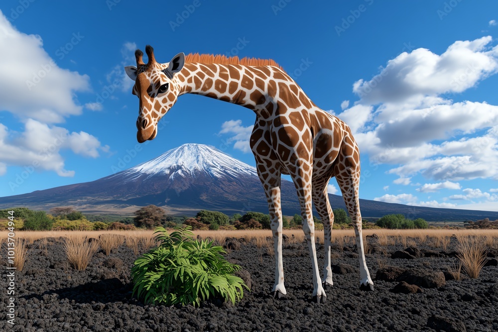 Poster 3d digital model of a giraffe grazing in the savannah, with animated movements and detailed surround