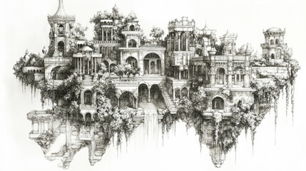 A stunning fantasy of the ancient Hanging Gardens with lush flora and detailed architecture