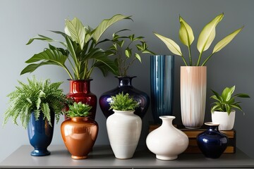 Fototapeta premium Diverse Retro and Modern Vases with Indoor Plants for Stylish Home Decor