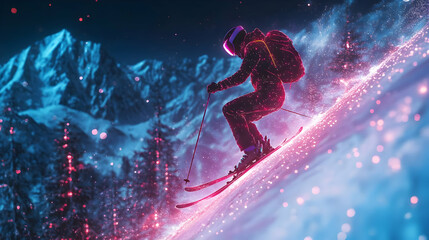 3D Glowing Skier Leaping from Abstract Digital Mountain with Neon Lighting Effects - Perfect for Winter Sports Advertising
