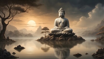 Buddha Statue in idyllischer, ruhiger Landschaft 