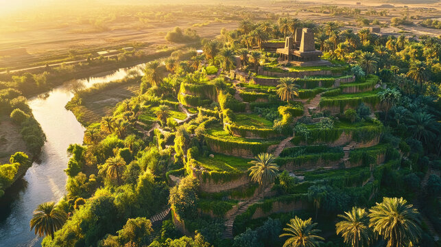 Aerial view of the Hanging Gardens of Semiramis with lush greenery and ancient ziggurat in Babylon