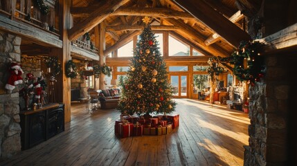 Obraz premium Christmas tree in the center of a cozy mountain lodge with wooden beams and stone walls.