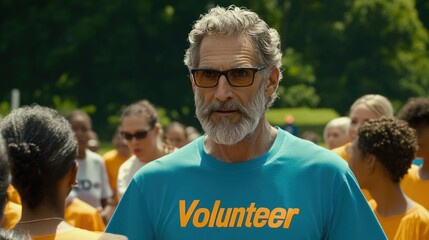 A group of volunteers, wearing matching shirts, gathers in a park during summer. An older man with glasses speaks to the crowd, inspiring them to support community efforts and initiatives