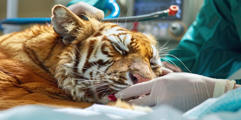 Orange tiger's fur: A big cat receiving medical attention at the animal hospital.