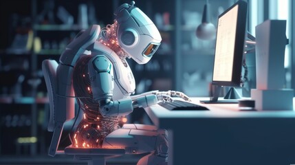 Fototapeta premium A humanoid robot with a sleek, mechanical design is focused on typing at a computer in a high-tech laboratory. The environment is illuminated by soft blue and white lighting