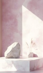 34. A minimalist 3D rendering featuring pastel geometric stone and rock shapes, creating an elegant backdrop for a podium display, with soft colors and gentle shadows enhancing the serene atmosphere