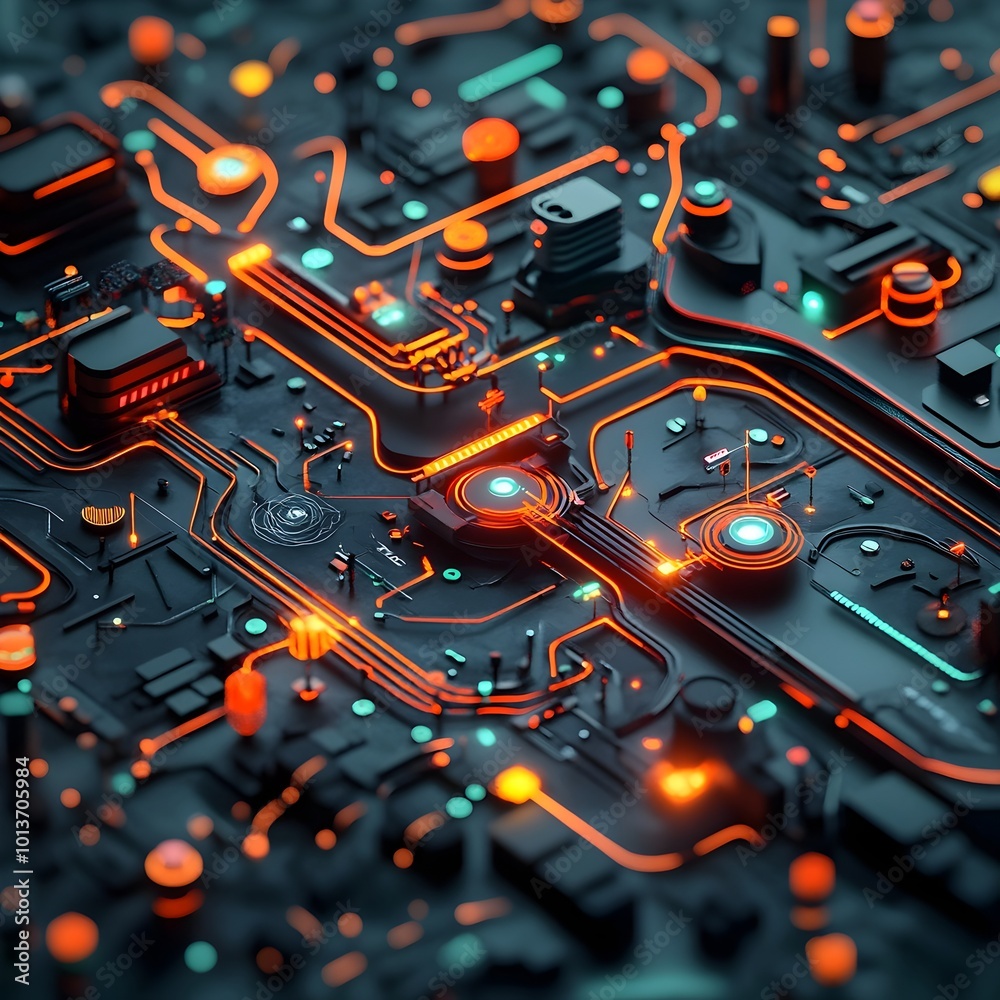 Poster conceptual abstract composition depicting a complex futuristic transportation system with a web of g