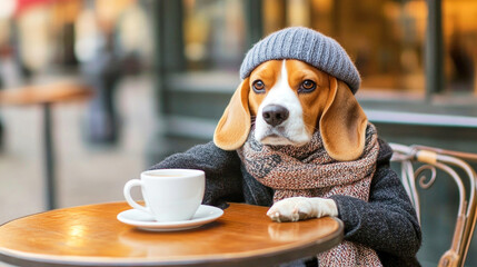 A stylish beagle relaxing at a Paris caf?, sipping coffee while wearing a beret and scarf
