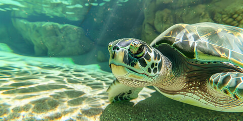 Fototapeta premium Green sea turtle's shell: A marine biologist studying the health of this reptile at the oceanarium.