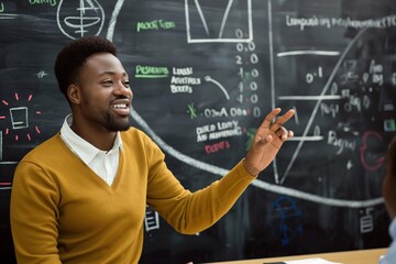 African American teacher in yellow sweater explains math lecture to students in classroom. Students seated at desks focus on teacher, blackboard with equations, diagrams. Teacher points, gestures to