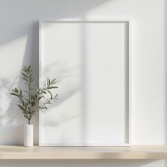 A minimalist scene with an empty frame on a wooden shelf, enhanced by shadows and a small potted plant against a white wall.