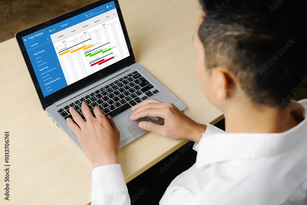 Poster project planning software for modish business project management on the computer screen showing time
