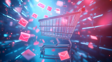 3D Glossy Background of Floating Shopping Cart with Glowing Email Notifications for Cyber Monday Deals - Modern Online Sales Concept