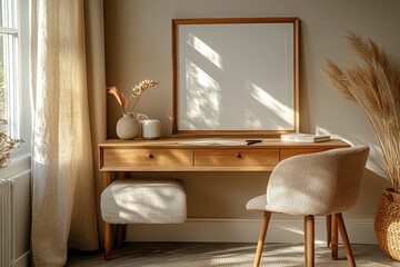 A modern workspace setup with a wooden desk, an empty wooden frame, and pampas grass, all illuminated by natural daylight.