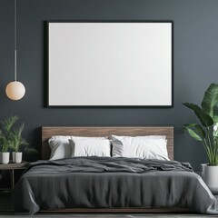 A modern bedroom highlighted by a dark tone, lush plants, and a large blank frame over a wooden bed, creating a relaxing space.