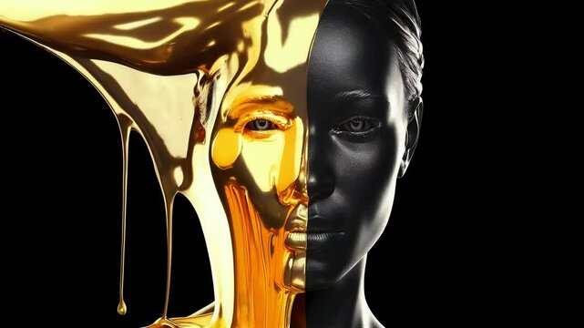 A woman's face is split in half, one side covered in golden liquid that's pouring down, the other side black against a dark background.
