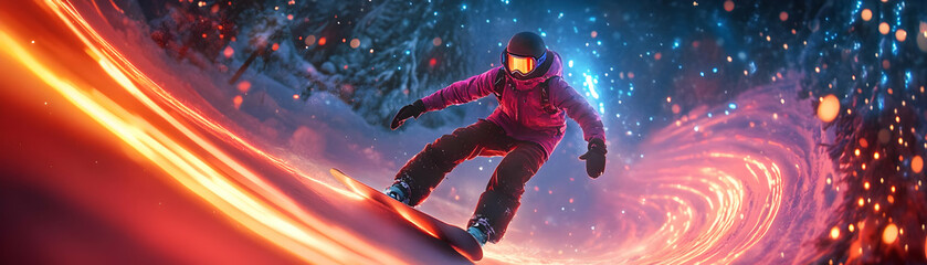Abstract Glowing Snowboarder in Radiant Snowstorm: Futuristic Neon Lights and Energetic Winter Scene Photo Concept