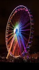 Ferris wheel at night illuminated with colorful lights, dark sky, city lights in the background, view from a low angle