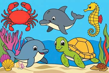 Obraz premium Adorable Ocean Creatures Coloring Book for Kids Featuring Crab Lobster Dolphin Turtle and Seahorse