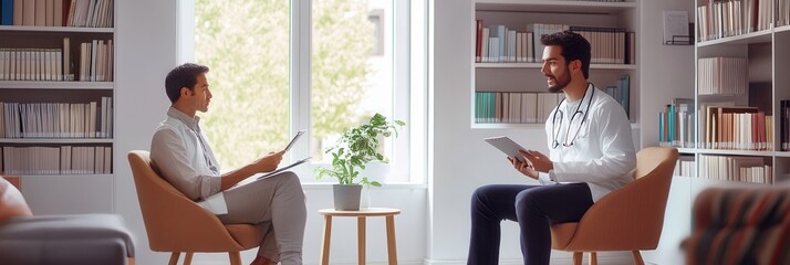A doctor explains a diagnosis to a patient in a well-lit room filled with books and green plants, fostering a calm atmosphere. Generative AI
