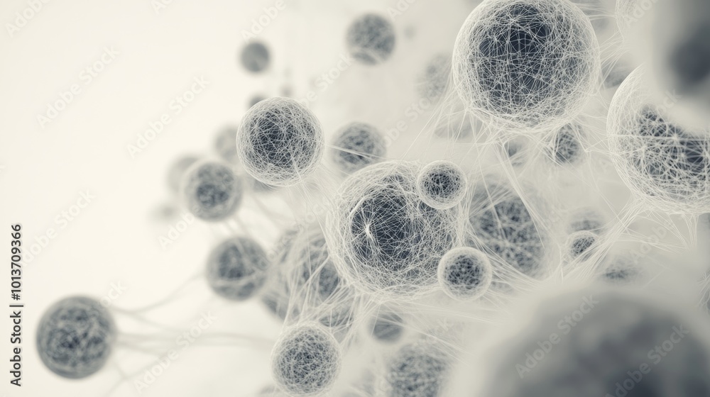 Poster Abstract spherical network of interconnected fibers on a light background, technology concept
