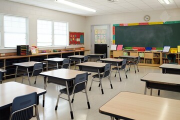 Empty elementary school classroom with large chalkboard. Wooden desks, chairs in semi-circle facing chalkboard. Light-colored tiles on floor, beige walls, natural light from windows.