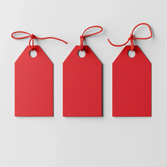 Three red price tags hanging on white background