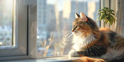 A fluffy cat perched on a windowsill, basking in the morning sun's warmth.