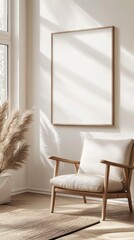 A serene space features a plush armchair and pampas grass, with sunlight streaming in, creating a bright, tranquil atmosphere.