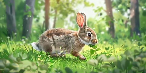 Fototapeta premium A rabbit hopping through a grassy field, nibbling on fresh greenery.