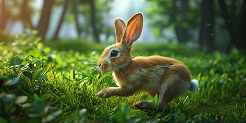 Fototapeta premium A rabbit hopping through a grassy field, nibbling on fresh greenery.