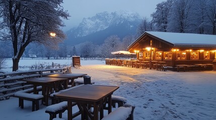 A cozy wooden cabin with snow-covered tables and benches stands in a snowy landscape with mountains in the distance.