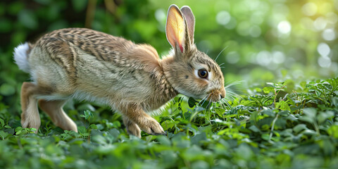 Fototapeta premium A rabbit hopping through a grassy field, nibbling on fresh greenery.