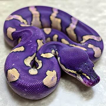 Coiled purple and yellow python on light surface